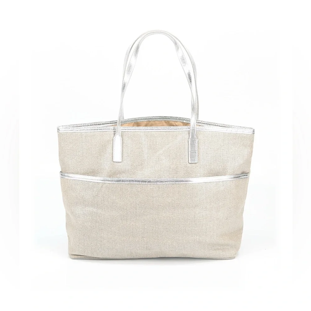 Michael Kors Champagne Woven Tote Bag Silver Metallic‎ Croc Trim Large Shopper